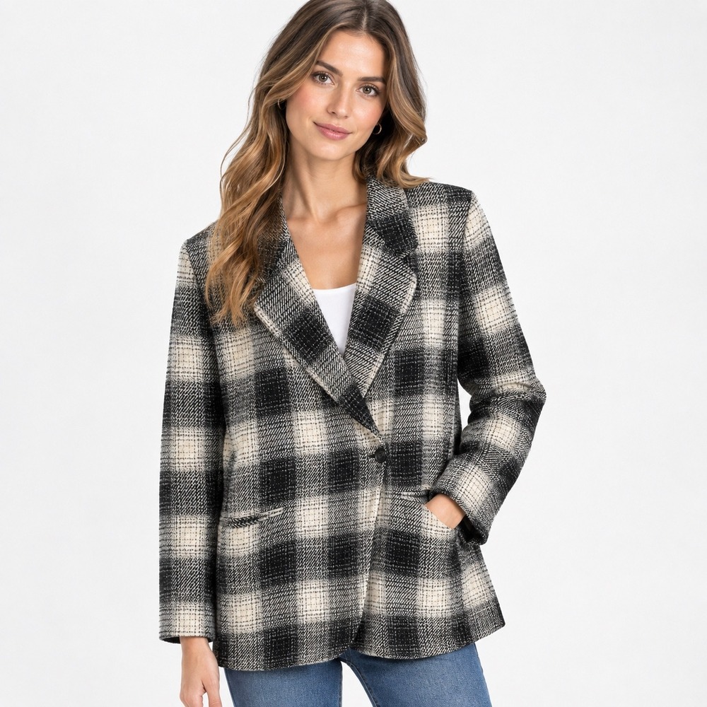 Jones NY Y2K Preppy Whimsigoth Vintage 100% Worsted Wool Plaid Blazer Retro 14